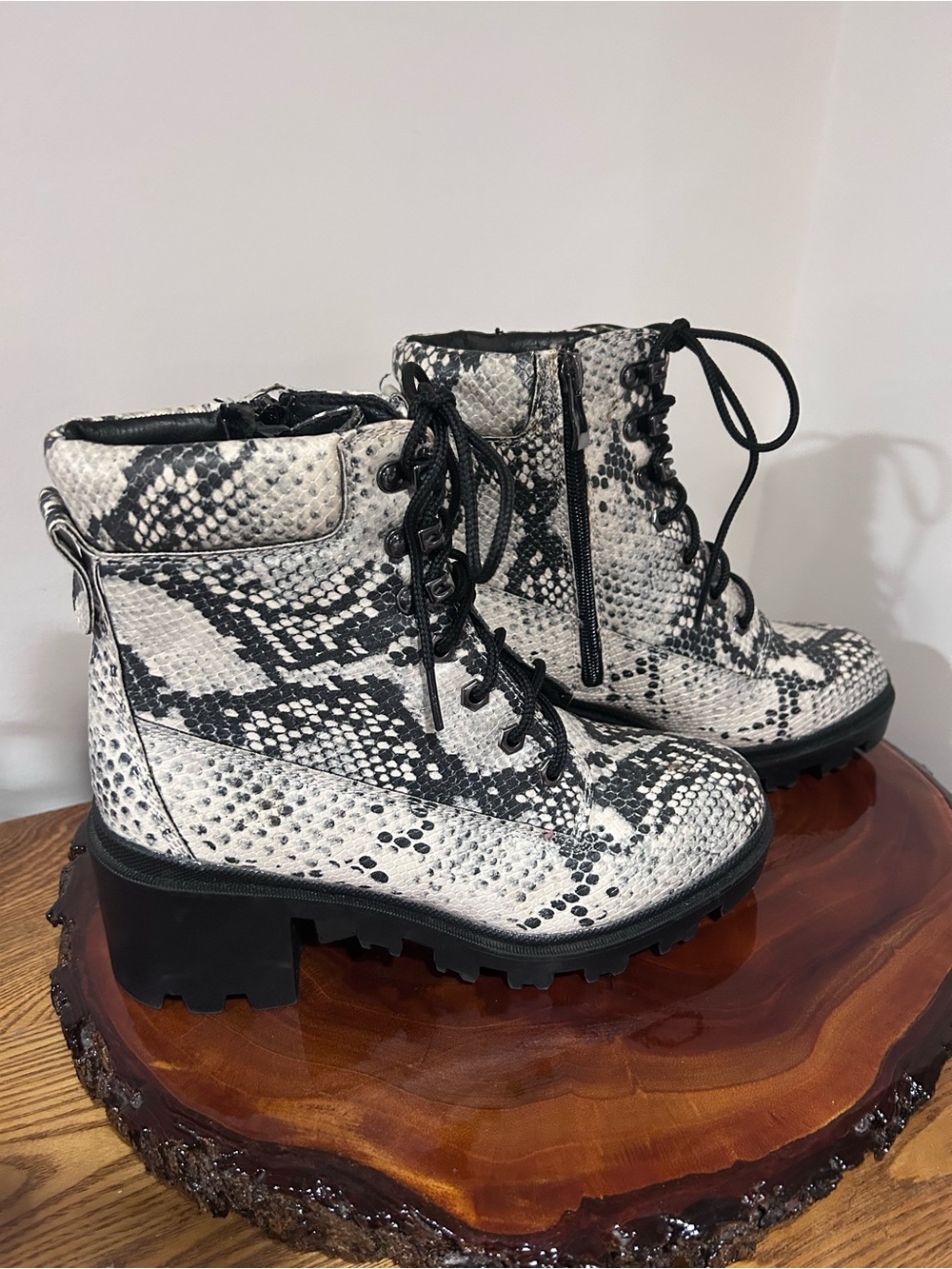 Madden Girl Black and White Snake-Print Combat Boots - Picture 2 of 14